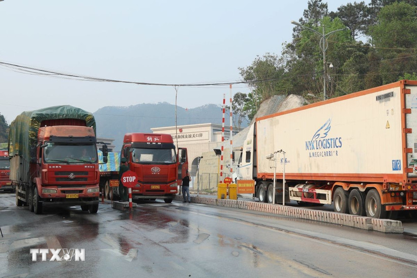 Hoạt động xuất nhập khẩu qua cửa khẩu quốc tế Hữu Nghị (Lạng Sơn) diễn ra sôi động. (Ảnh: Quang Duy/TTXVN)