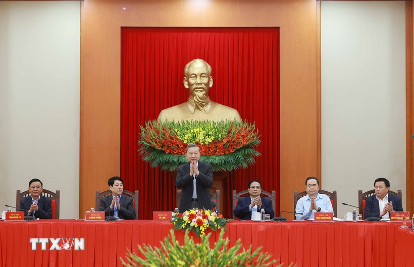 Tổng Bí thư Tô Lâm, Trưởng Tiểu ban Văn kiện Đại hội XIV của Đảng phát biểu. (Ảnh: Thống Nhất/TTXVN)