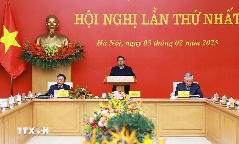 Thủ tướng Phạm Minh Chính phát biểu khai mạc Hội nghị lần thứ nhất Ban Chấp hành Đảng bộ Chính phủ nhiệm kỳ 2020-2025. (Ảnh: Dương Giang/TTXVN)