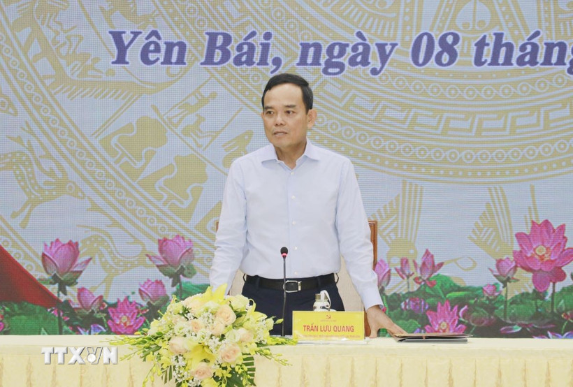 Bí thư Trung ương Đảng, Trưởng Ban Chính sách, chiến lược Trung ương Trần Lưu Quang kết luận tại buổi làm việc. (Ảnh: Tuấn Anh/TTXVN)