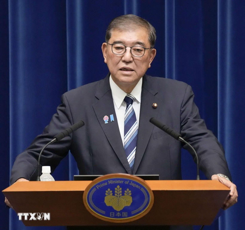 Thủ tướng Nhật Bản Shigeru Ishiba thông báo quyết định từ chức tại cuộc họp báo ở Tokyo ngày 7/9/2025. (Ảnh: Kyodo/TTXVN)