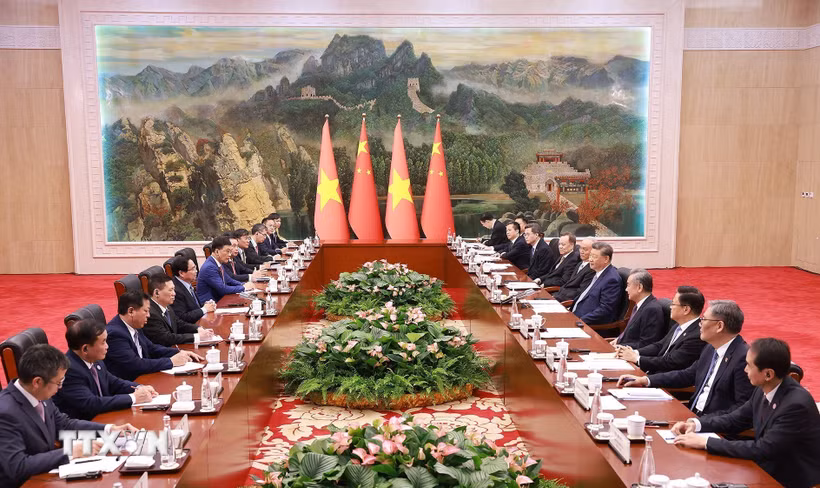 Thủ tướng Phạm Minh Chính hội kiến Tổng Bí thư, Chủ tịch nước Trung Quốc Tập Cận Bình. (Ảnh: Dương Giang/TTXVN)