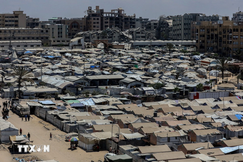 Lều trại cho người sơ tán lánh nạn Palestine tại thành phố Gaza ngày 4/8/2025. Ảnh: THX/TTXVN