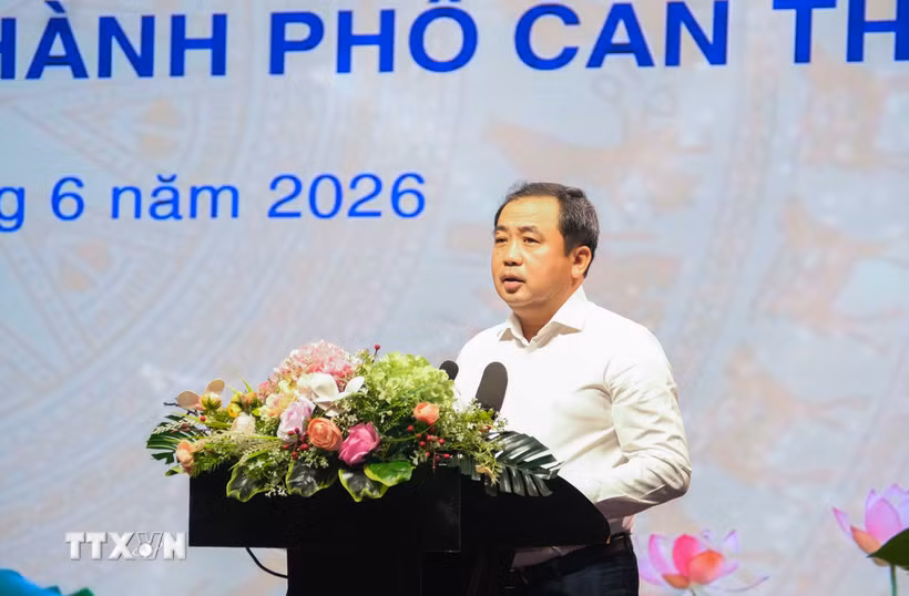 Ủy viên Bộ Chính trị, Bí thư Thành ủy Hà Nội Trần Đức Thắng phát biểu tại Hội nghị. (Ảnh: Thanh Liêm/TTXVN)