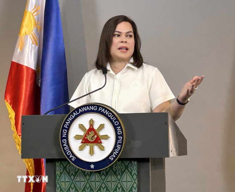 Phó Tổng thống Philippines Sara Duterte phát biểu trong cuộc họp báo ở Manila ngày 7/2/2025. (Ảnh: )Kyodo/TTXVN