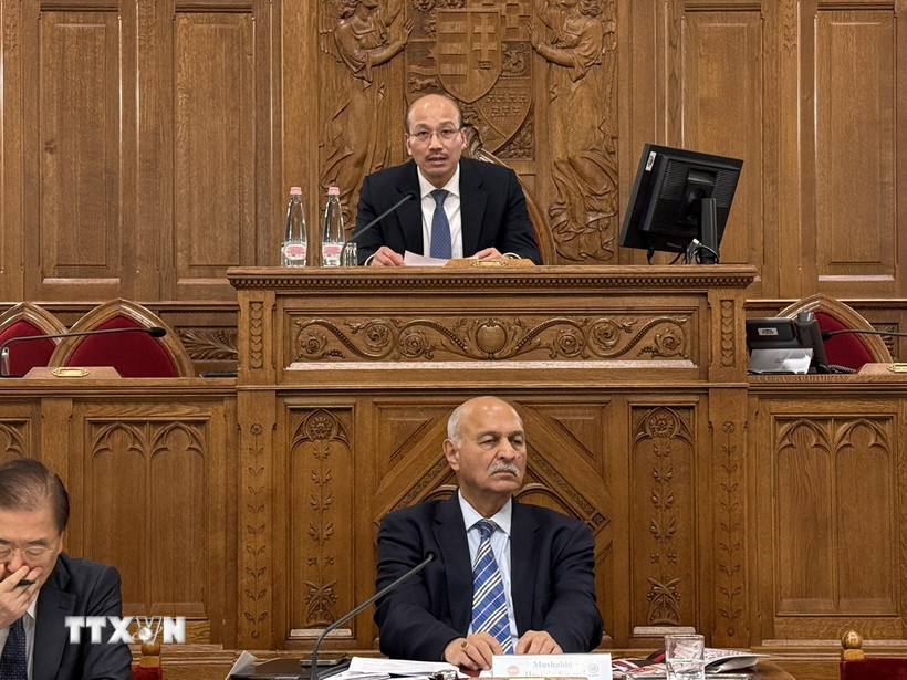 Đại sứ Bùi Lê Thái (hàng ghế trên) phát biểu tại Diễn đàn Chính trị Á-Âu lần thứ 6 tại Hungary. (Ảnh: TTXVN phát)