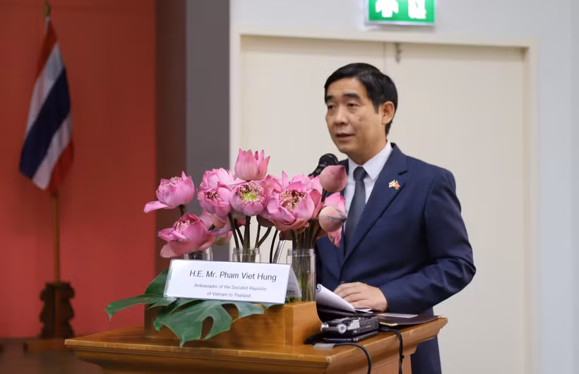 Đại sứ Phạm Việt Hùng phát biểu tại hội thảo. (Ảnh: Đỗ Sinh/TTXVN)