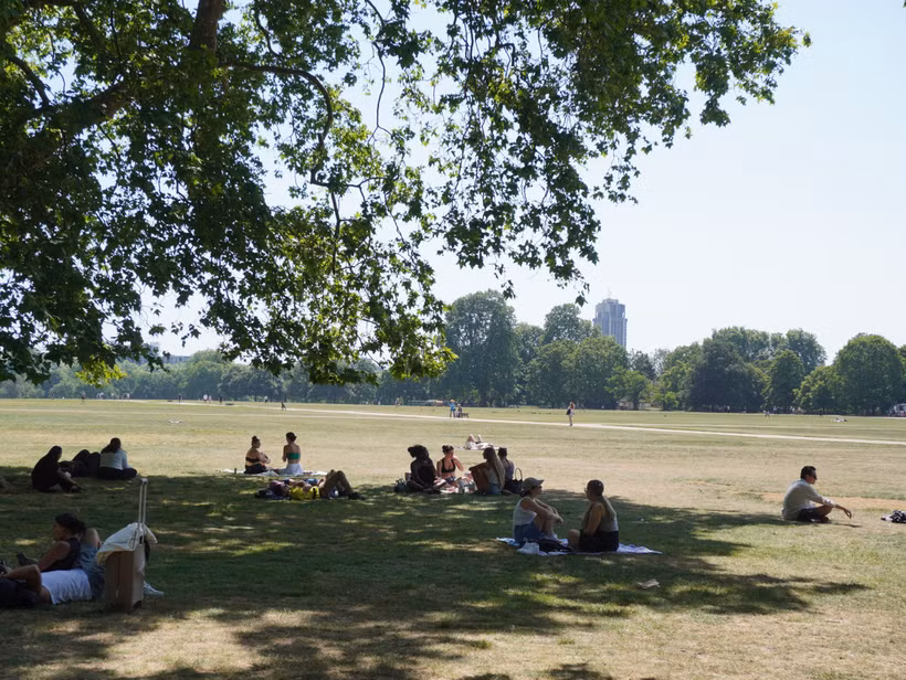 Người dân tránh nóng dưới bóng cây trong công viên ở London, Anh. (Ảnh: THX/TTXVN)