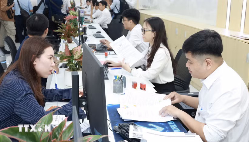 Chuyên viên tiếp nhận hồ sơ của người dân, doanh nghiệp tại Trung tâm Phục vụ hành chính công Thành phố Hồ Chí Minh. (Ảnh: Xuân Anh/TTXVN)