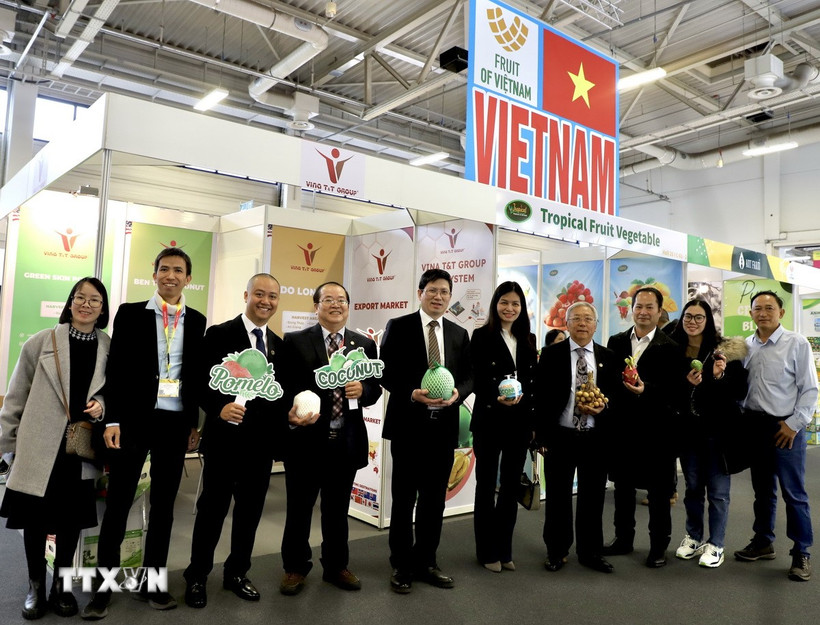 Các đại biểu khai trương gian hàng Việt Nam tại Fruit Logistica 2025. (Ảnh: Phương Hoa/TTXVN)