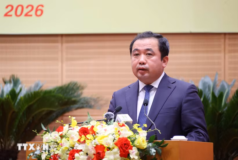 Bí thư Thành ủy Hà Nội Trần Đức Thắng phát biểu chỉ đạo kỳ họp. (Ảnh: Văn Điệp/TTXVN)