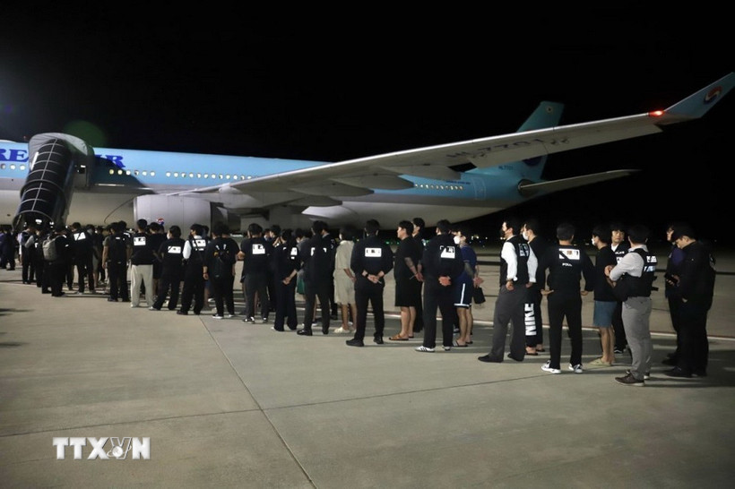 Các công dân Hàn Quốc liên quan hoạt động lừa đảo sử dụng công nghệ được bàn giao tại sân bay quốc tế ở thủ đô Phnom Penh, Vương quốc Campuchia, tối 17/10/2025. (Ảnh: AKP/TTXVN phát)