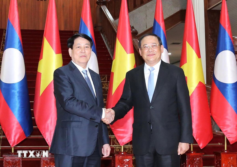Chủ tịch nước Lương Cường hội kiến Thủ tướng Chính phủ Lào Sonexay Siphandone. (Ảnh: Lâm Khánh/TTXVN)