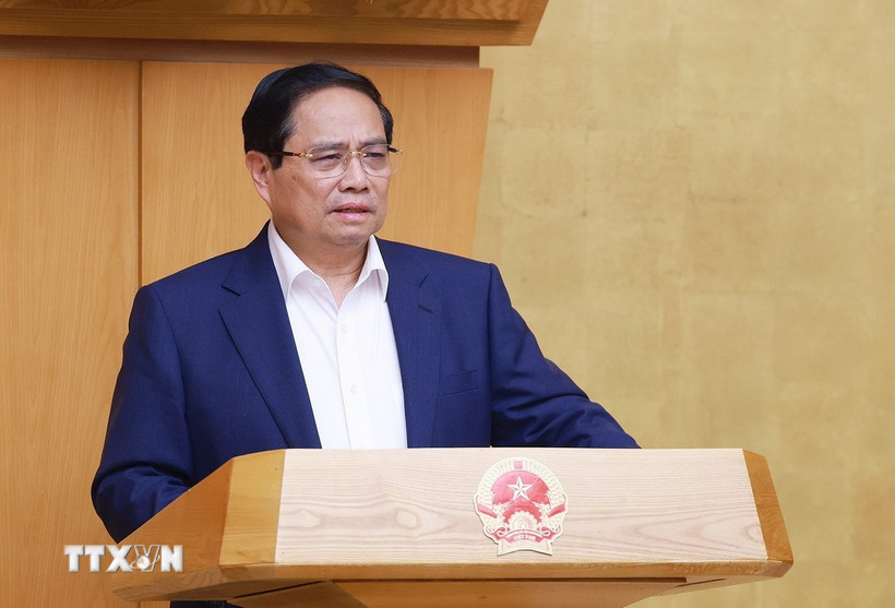 Thủ tướng Phạm Minh Chính chủ trì Phiên họp Chính phủ chuyên đề về xây dựng pháp luật tháng 5 năm 2025. (Ảnh: Dương Giang/TTXVN)