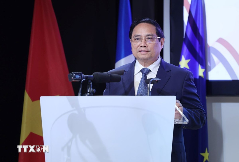 Thủ tướng Phạm Minh Chính phát biểu tại Diễn đàn Doanh nghiệp Việt Nam-Pháp. (Ảnh: Dương Giang/TTXVN)