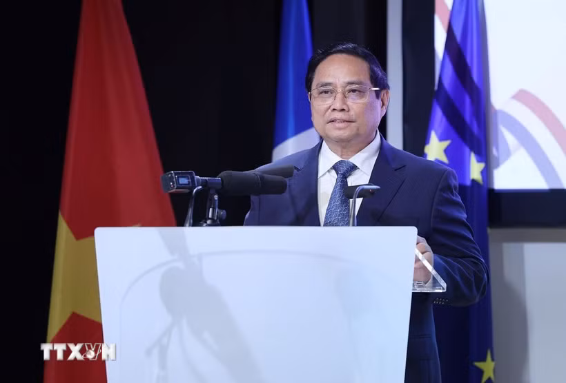 Thủ tướng Phạm Minh Chính phát biểu tại Diễn đàn Doanh nghiệp Việt Nam-Pháp. (Ảnh: Dương Giang/TTXVN)