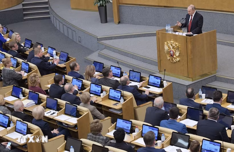 Tổng thống Nga Vladimir Putin phát biểu tại phiên họp Duma quốc gia Nga ở Moskva. (Ảnh minh họa. THX/TTXVN)