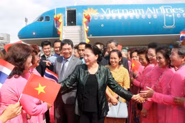 Bà con kiều bào đón Chủ tịch Quốc hội Nguyễn Thị Kim Ngân tại sân bay Udon Thani. (Ảnh: Trọng Đức/TTXVN)