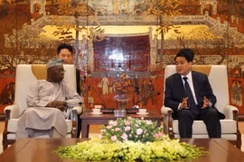 Chủ tịch UBND thành phố Hà Nội Nguyễn Đức Chung với ông Olusegun Obasanjo, cựu Tổng thống Nigeria, chuyên gia nghiên cứu cao cấp châu Phi. (Ảnh: Lâm Khánh/TTXVN)