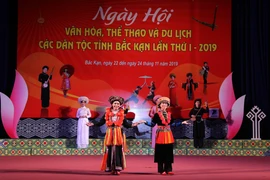 Trình diễn trang phục dân tộc trong ngày hội. (Ảnh:Vũ Hoàng Giang/TTXVN)