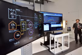 Hệ thống panel kiểm soát năng lượng của hãng công nghệ cao Toshiba của Nhật Bản được giới thiệu tại Trung tâm nghiên cứu và phát triển khí hydro ở Tokyo. (Ảnh: AFP/TTXVN)