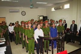 Bị cáo Dương Chí Dũng (áo trắng), bị cáo Mai Văn Phúc (hàng đầu, áo tím) và các đồng phạm nghe tuyên án. (Ảnh: Doãn Tấn/TTXVN)