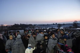 Người di cư và tị nạn đợi để vào trại tị nạn sau khi vượt qua biên giới Macedonia tới Serbia. (Nguồn: AFP/TTXVN)