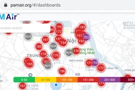 Chỉ số chất lượng không khí vào lúc 6 giờ 15 sáng nay, tại Ha Nội. (Ảnh chụp màn hình)