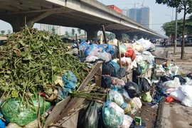 Một điểm tập kết rác tạm thời trên đường Nguyễn Xiển trong những ngày đầu tháng Bảy, khi bãi rác lớn nhất thành phố ở Sóc Sơn đang bị "thất thủ". (Ảnh: P.V/Vietnam+)