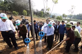 Tổng Bí thư, Chủ tịch nước Nguyễn Phú Trọng tham gia Tết trồng cây đời đời nhớ ơn Bác Hồ tại xã Việt Cường, huyện Trấn Yên. (Ảnh: TTXVN)