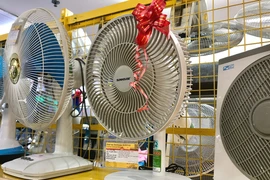 Các thiết bị có khả năng tích điện như quạt sạc điện, đèn led... được nhiều người tiêu dùng Thủ đô săn đón trong những ngày nắng nóng. (Ảnh: Việt Anh/Vietnam+)