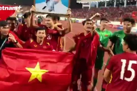 Khoảnh khắc những 'chiến binh sao vàng' chung vui cùng người hâm mộ (Ảnh: PV/Vietnam+)