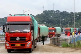 Phương tiện vận chuyển hàng hóa xuất nhập khẩu qua cửa khẩu quốc tế đường bộ số II - Kim Thành. (Ảnh: Doãn Tấn/TTXVN)
