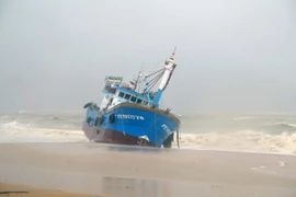 Tàu cá PY99777TS của ngư dân Phú Yên bị sóng đánh dạt vào bờ biển thành phố Quy Nhơn. (Ảnh: Phạm Kha/TTXVN)