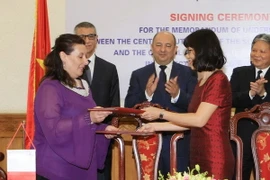 Bà Nguyễn Thị Hảo, Phó Cục trưởng Cục Con nuôi (Bộ Tư pháp Việt Nam) và bà Carmen Buttigieg, Vụ trưởng Vụ Tiêu chuẩn phúc lợi xã hội, Bộ Gia đình và Đoàn kết Xã hội (Cộng hòa Malta) trao đổi Bản ghi nhớ. (Ảnh: Doãn Tấn/TTXVN) 