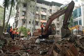 Lực lượng cứu hộ làm nhiệm vụ tại hiện trường vụ sập nhà. (Nguồn: AFP/TTXVN) 