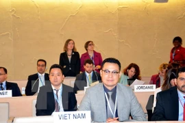 Đại sứ Nguyễn Trung Thành tại phiên khai mạc khóa họp lần thứ 29 Hội đồng Nhân quyền. (Ảnh: Tố Uyên/TTXVN)