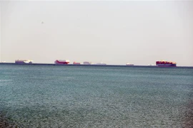Các tàu chờ để di chuyển qua Kênh đào Suez của Ai Cập ngày 25/3/2021, ba ngày sau sự cố tàu chở hàng Ever Given bị mắc cạn. (Ảnh: THX/TTXVN)