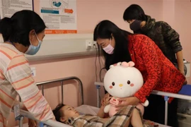 Chủ tịch Ủy ban Mặt trận Tổ quốc Việt Nam Thành phố Hà Nội Nguyễn Lan Hương thăm hỏi bé gái bị nạn. (Ảnh: Nguyễn Thắng/TTXVN)