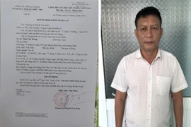 Đối tượng Ngô Văn Trọng và Quyết định khởi tố của Công an tỉnh An Giang. (Ảnh: Công an tỉnh An Giang cung cấp/TTXVN phát)