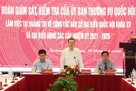 Phó Chủ tịch Quốc hội, Ủy viên Hội đồng bầu cử quốc gia Phùng Quốc Hiển phát biểu tại buổi làm việc. (Ảnh: Nguyên Lý/TTXVN)