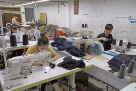 May hàng xuất khẩu tại Công ty TNHH May mặc Hồng Quang. (Ảnh: Trần Việt/TTXVN)