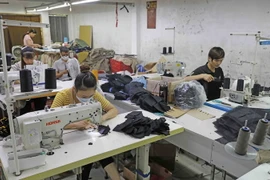 May hàng xuất khẩu tại Công ty TNHH May mặc Hồng Quang. (Ảnh: Trần Việt/TTXVN)