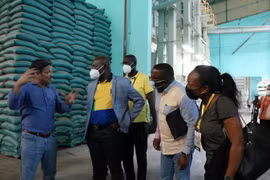 Chủ doanh nghiệp Công Thành Út Hạnh trao đổi cùng Đoàn Bộ Thương mại nước Cộng hòa Gabon. (Ảnh: Thanh Bình/TTXVN)