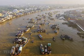 Chợ nổi Cái Răng, thành phố Cần Thơ là điểm tham quan du lịch đặc sắc của vùng Đồng bằng sông Cửu Long nói chung và thành phố Cần Thơ nói riêng, được Tạp chí du lịch Rough Guide của Anh bình chọn là một trong 10 chợ ấn tượng nhất thế giới. (Ảnh: An Hiếu/T