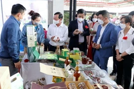 Các đại biểu và khách hàng tham quan, lựa chọn sản phẩm tại các gian hàng quảng bá, giới thiệu sản phẩm OCOP. (Ảnh: Trung Kiên/TTXVN)