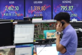 Bảng điện tử hiển thị chỉ số KOSPI giảm điểm tại ngân hàng Hana ở Seoul, Hàn Quốc ngày 22/8 vừa qua. (Ảnh: Yonhap/TTXVN)