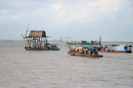 Lực lượng chức năng tiến hành cưỡng chế các chòi nuôi ngao. (Ảnh: Hoàng Ngọc/TTXVN)