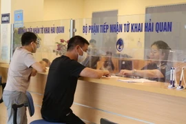 Công chức Hải quan Ga Ga đường sắt Quốc tế Đồng Đăng, tỉnh Lạng Sơn hướng dẫn doanh nghiệp mở tờ khai xuất nhập khẩu hàng hóa. (Ảnh: Quang Duy/TTXVN)