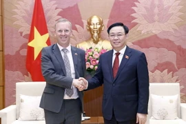 Chủ tịch Quốc hội Vương Đình Huệ và Đại sứ Vương quốc Anh tại Việt Nam Gareth Ward tại buổi tiếp. (Ảnh: Doãn Tấn/TTXVN)